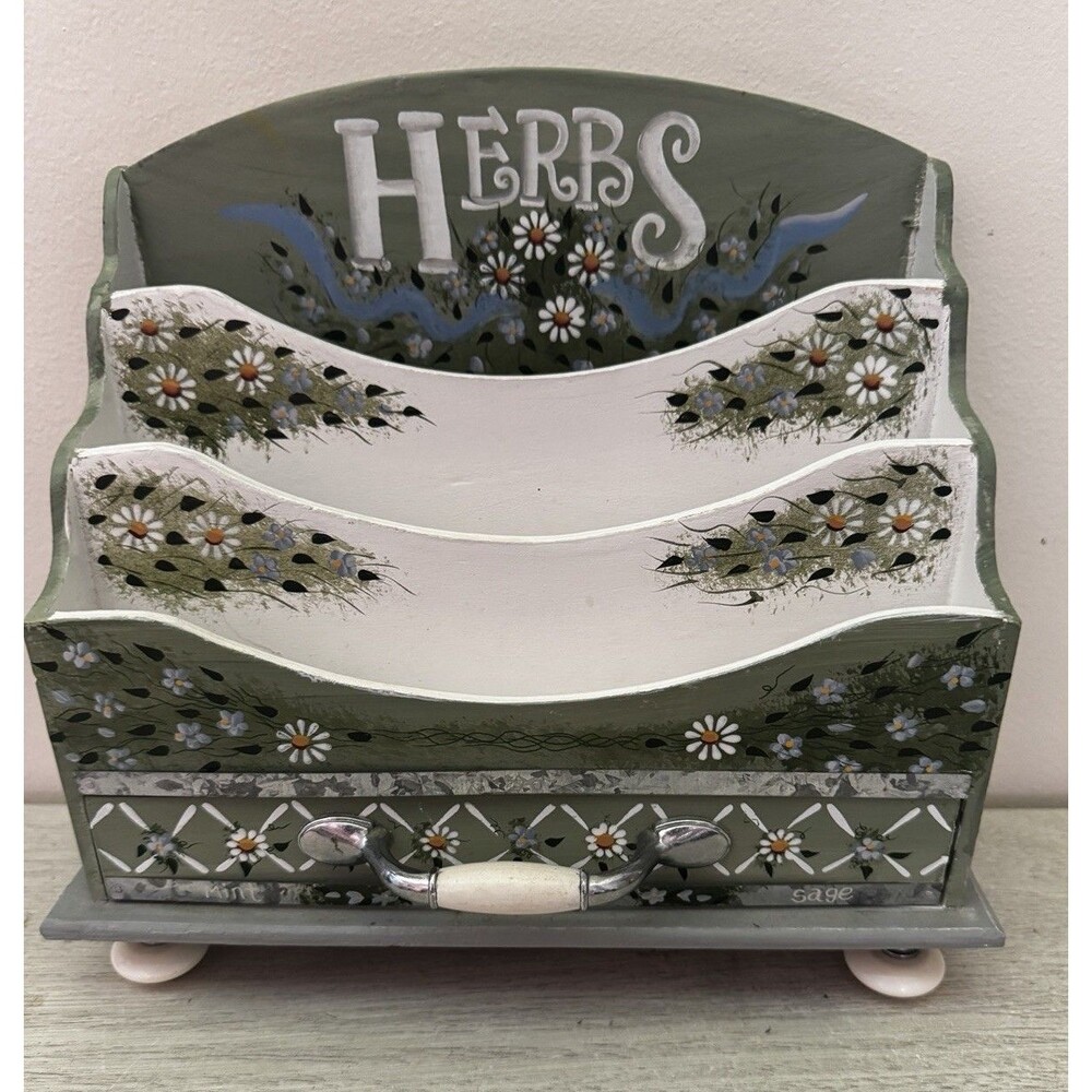 Hand Painted Wooden HERBS Kitchen Letter Mail Organizer Sorter Box with Drawer